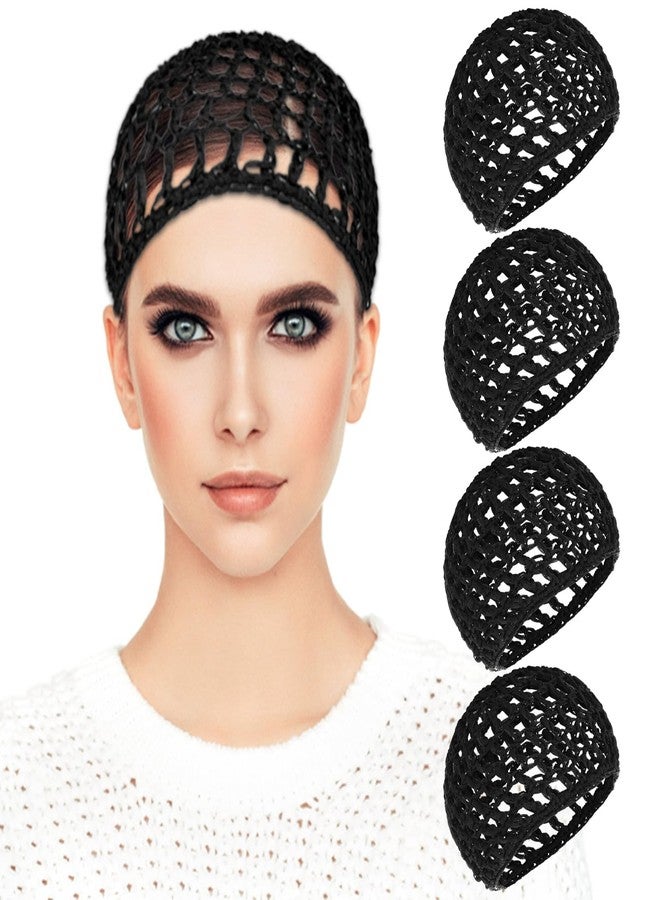 KFHENSOMR 4 Pack Crochet Hair Nets, Knit Snood Bonnets, Hairnet Hair Cover, Crocheted Sleep Cap for Women - Soft, Breathable Mesh Hairs Wrap Net for Sleeping, Shower, Silk Press (Black) - Image 1